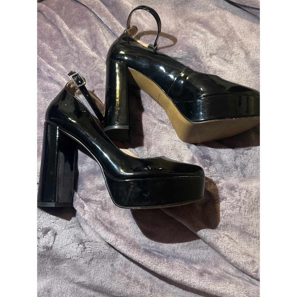Chelsea &‎ Violet Black Patent Leather Platform Heels Ankle Strap Chunky Size 9